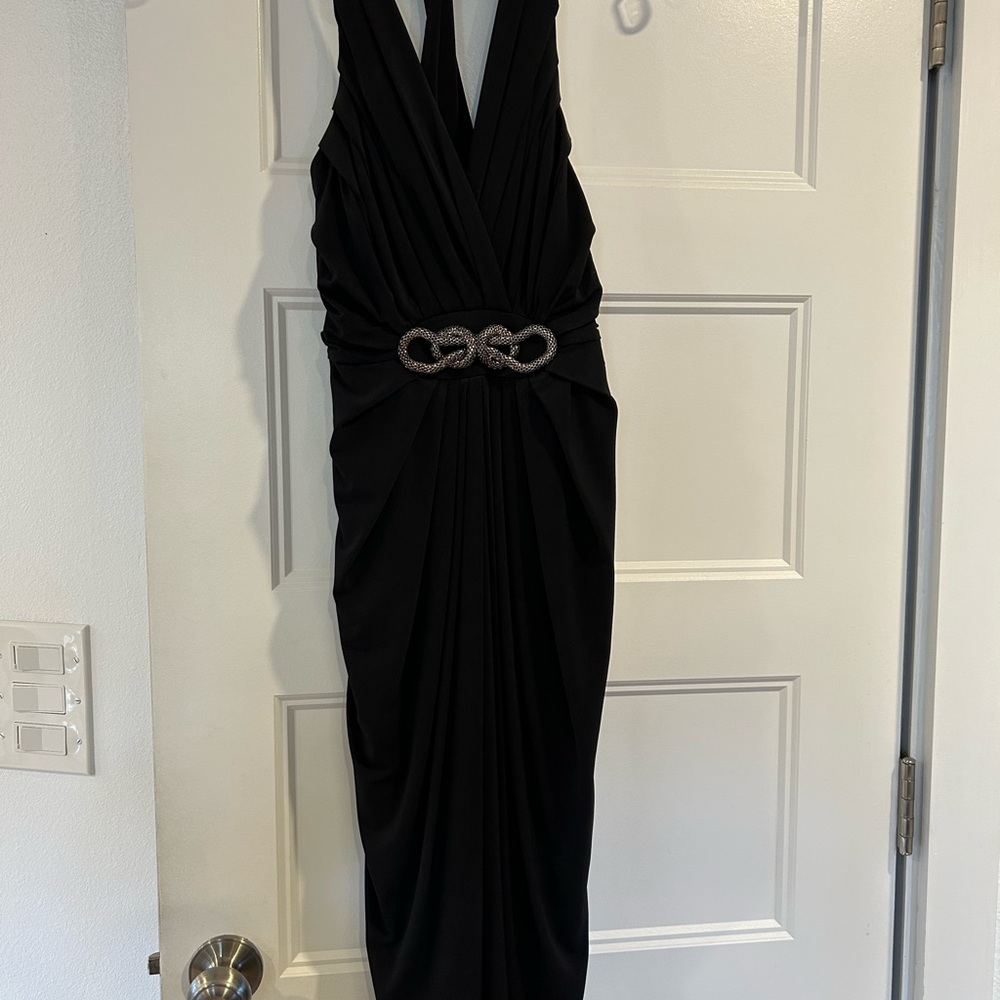 London Times Black Backless Dress with Silver Detail